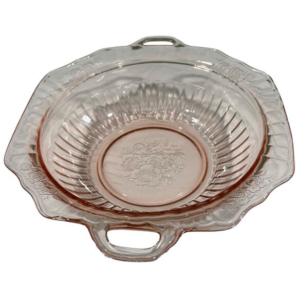 Vintage Pink Depression Glass Handled Bowl Floral Etched Centerpiece - Picture 3 of 16